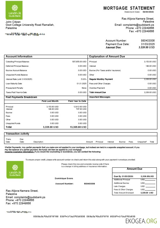 Relevé hypothécaire de la banque Palestine Quds aux formats Word et PDF